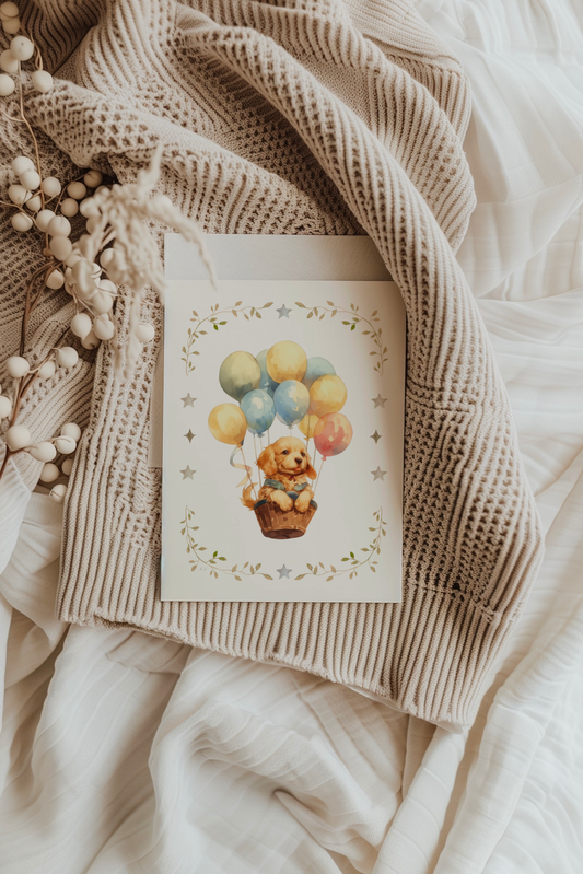 Puppy Dog in a Basket of Balloons | Artisan Card