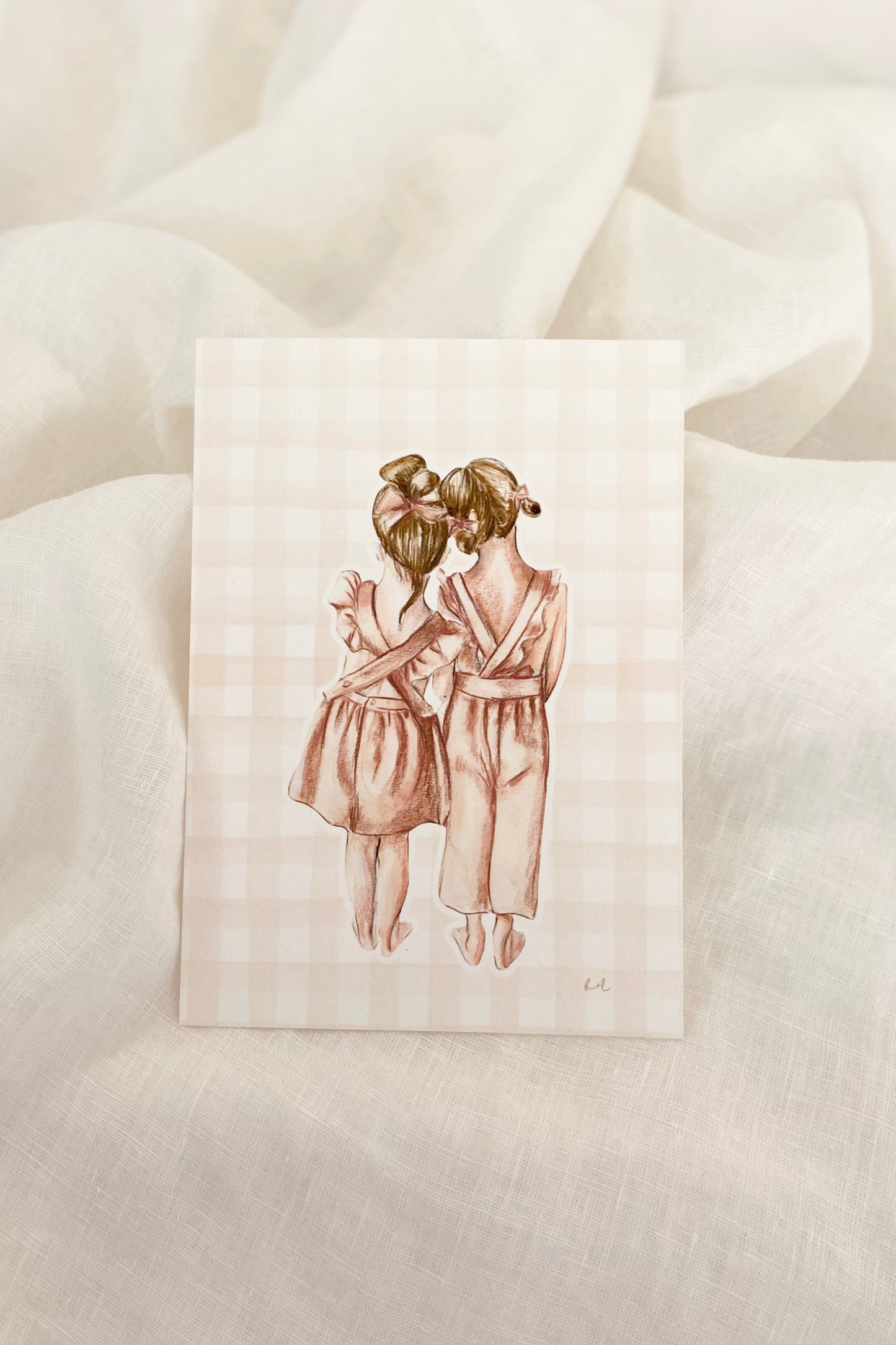 Sisters Watercolour Illustration, Peach + Gingham