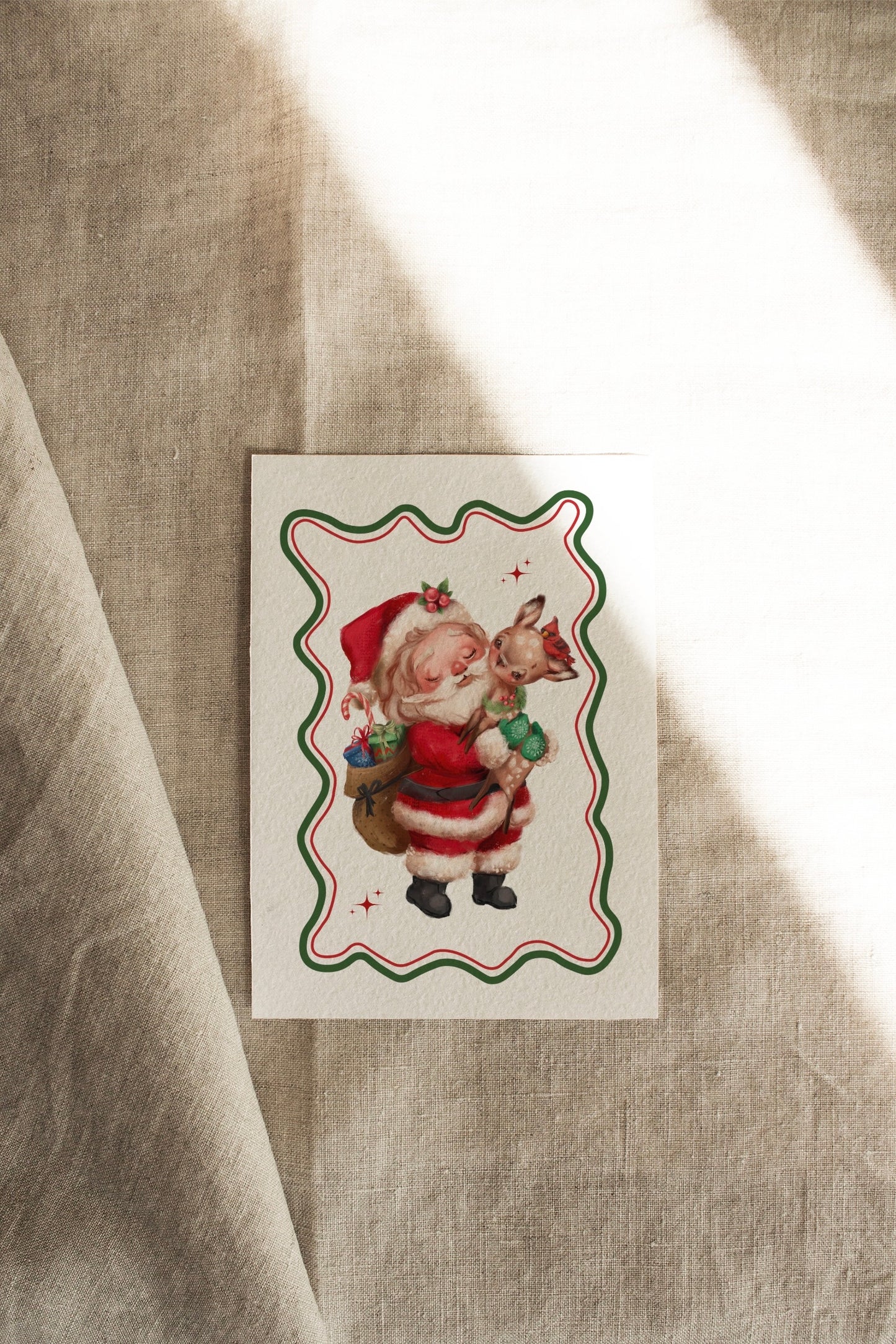 Santa + Reindeer | A Vintage Retro Christmas | Artisan Christmas Card