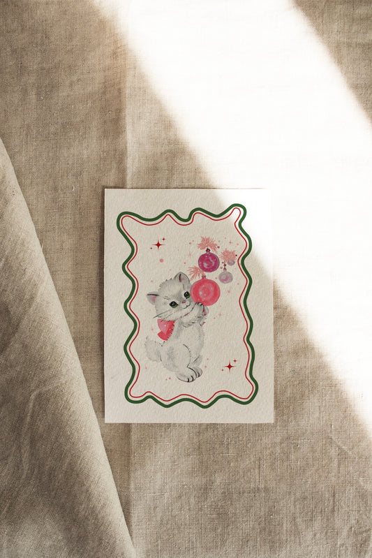 Kitten | Green + Red | A Vintage Retro Christmas | Artisan Christmas Card