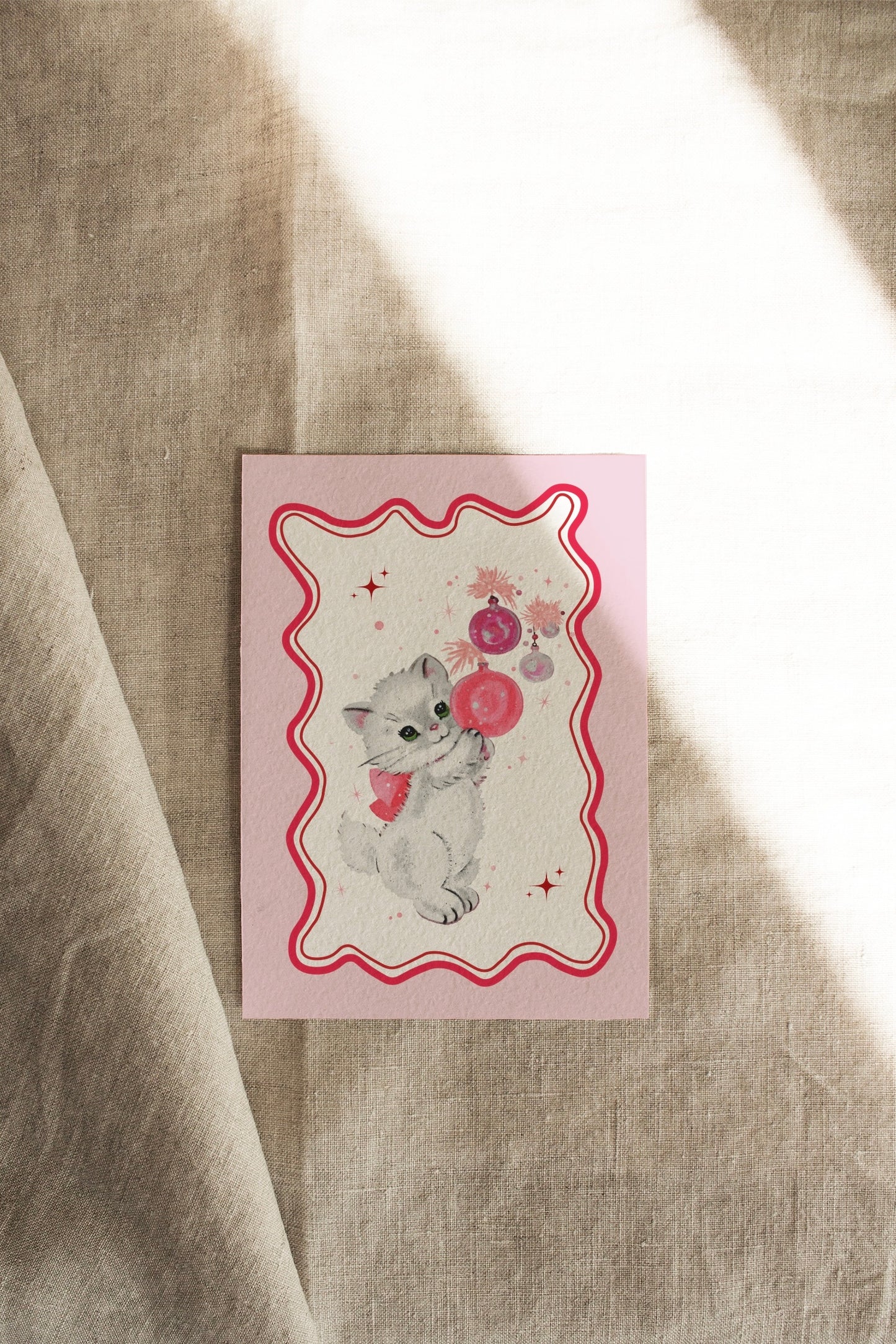 Kitten | Pink + Red | A Vintage Retro Christmas | Artisan Christmas Card