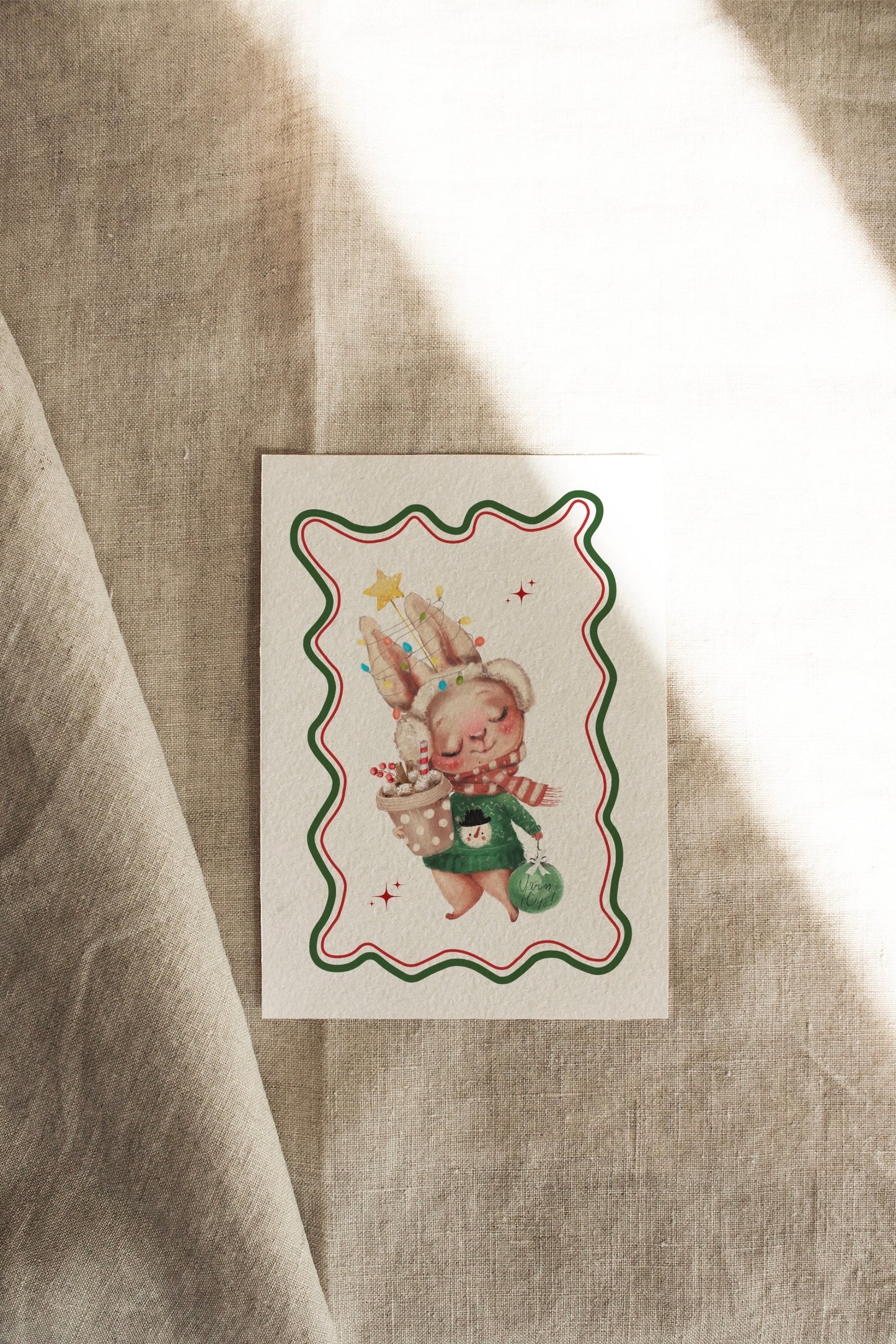 Hot Cocoa Bunny | A Vintage Retro Christmas | Artisan Christmas Card