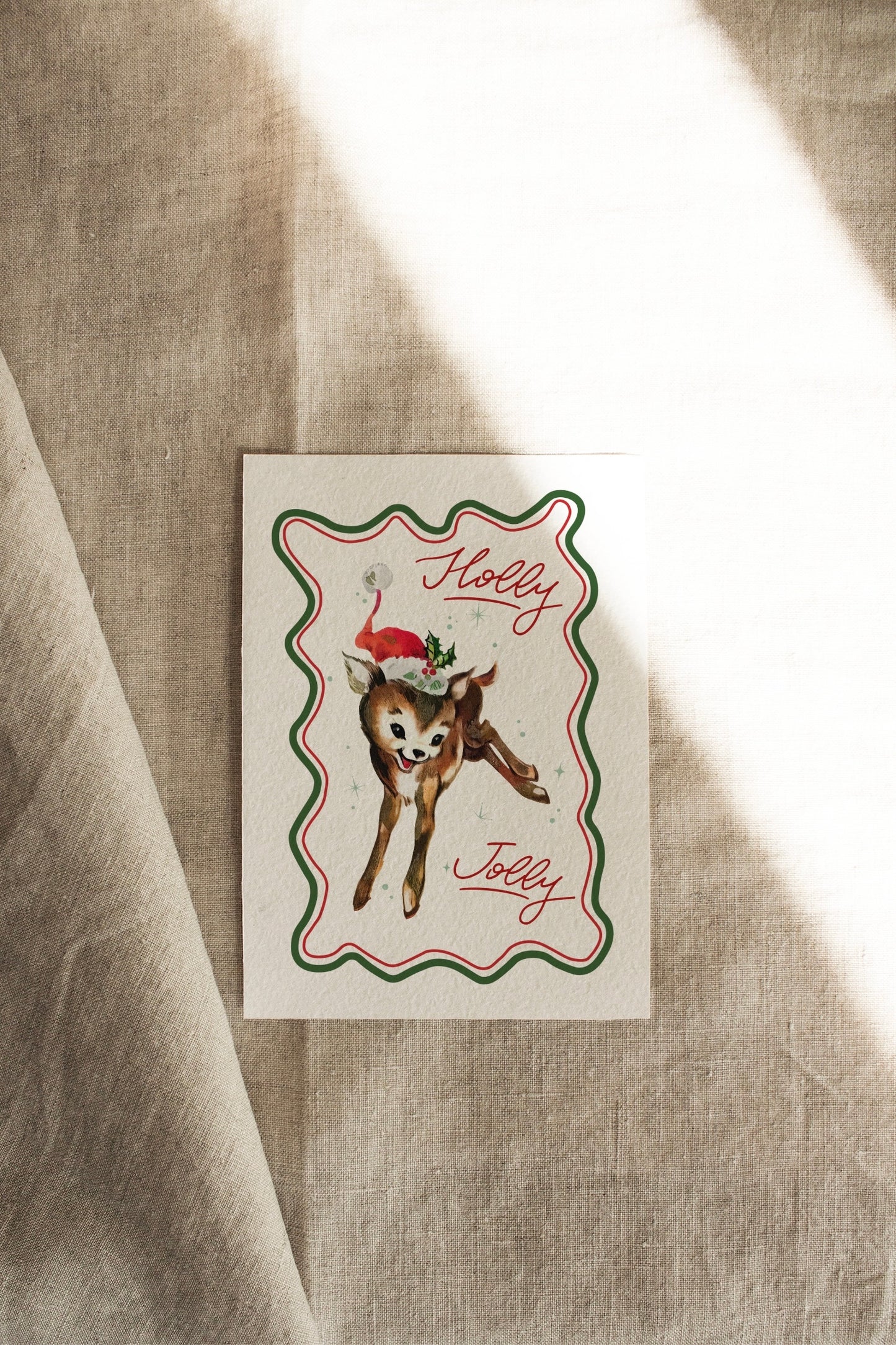 Holly Jolly Reindeer | Green + Red | A Vintage Retro Christmas | Artisan Card