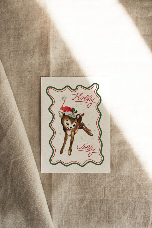 Holly Jolly Reindeer | Green + Red | A Vintage Retro Christmas | Artisan Card